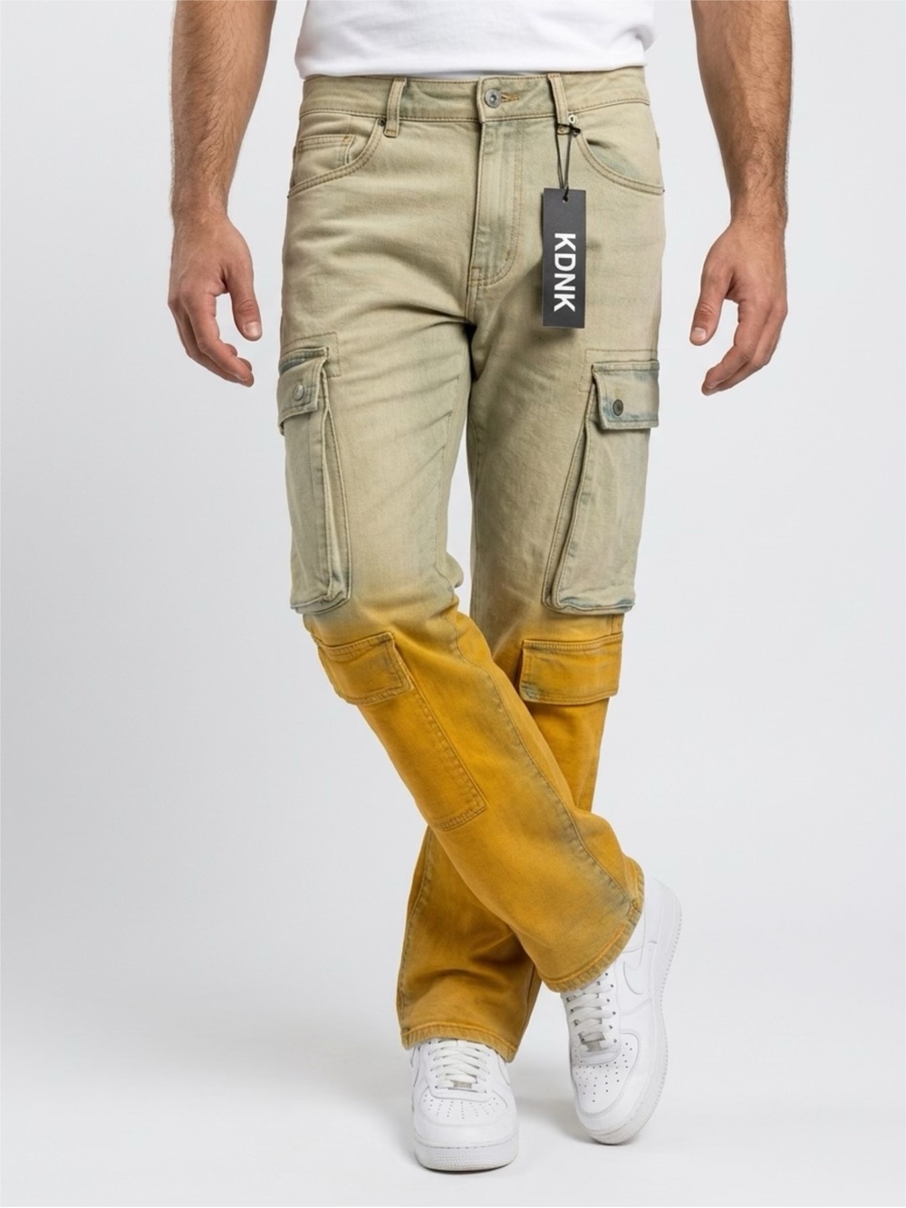 KDNK Two-Tone Cargo Pants in Olive & Mustard